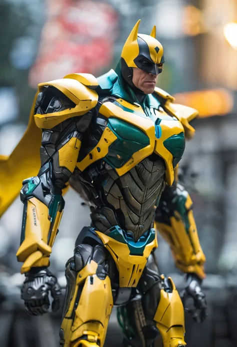 Um batman verde, amarelo e azul, brasileiro, realistic in a titanium cybernetic suit, detalhado, designe perfeito, alta qualidade arestas perfeitas e simetricas  ::n_desenho de estilo, Low-quality imperfection, boneco, jogo, anime