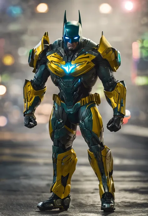 Um batman verde, amarelo e azul, brasileiro, realistic in a titanium cybernetic suit, detalhado, designe perfeito, alta qualidade arestas perfeitas e simetricas  ::n_desenho de estilo, Low-quality imperfection, boneco, jogo, anime