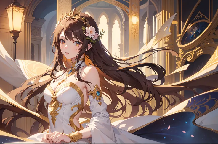 Official Art, Masterpiece European female face,elvish, short hair, chestnut brown hair , brown eyes , Flower Frame ,Decorative panel , jugendstil , (​masterpiece、top-quality、hight resolution: 1.4),in 8K,color splashes、line-drawing、Fibonacci、Drawing of a wo...