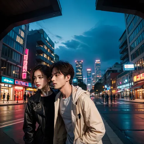 Girl and boy hangout on street , moder city background , hyper realistic Detailed image Cinematic Colour Grading and Lighting , closup photo