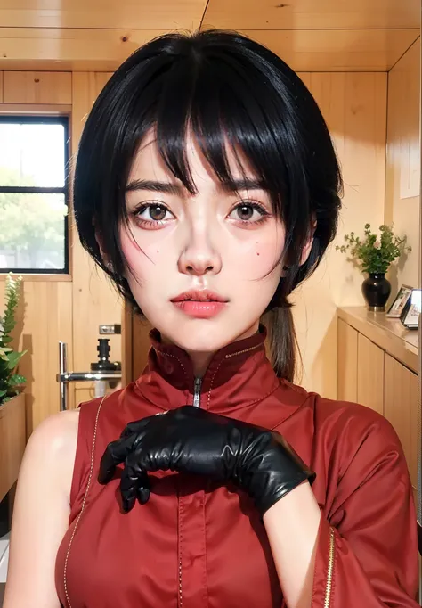 real Life adaption of this character,her name is kurotsuchi from anime boruto ,hyper realistic ,detailed short black hair , high resolution, photorealistic,very detailed,realistic outfit,Japanese teen beautiful ,detailed shining eyes,wear black gloves