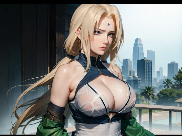 Tsunade，Ripe body，Off-the-shoulder attire，the detail,see-through transparent clothes,blue color eyes,,Makeup,huge tit，areola of breast，tit