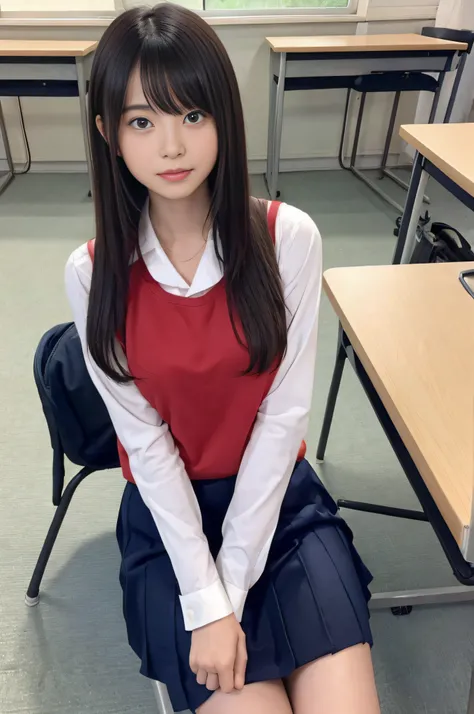 girl with、soio、hi-school girl、校服、‎Classroom、Girl sitting on chair and studying at desk、sketching、study、write、notebook、Beautie、cute little、top-quality、​masterpiece、超A high resolution、(Photorealsitic:1.4)、1girl in、shoulder、enticing、looking in camera、8K、