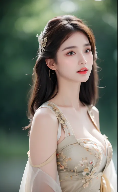 ((Best Quality, 8k, Masterpiece: 1.3)), Focus: 1.2, Perfect Body Beauty: 1.4, Buttocks: 1.2, ((Layered Haircut)), (Wet Clothes: 1.1), (Rain, Street:1.3), (Breasts: 1.2), (Hanfu: 1.2), Bare Shoulders, Bare Legs, Highly Detailed Face and Skin Texture, Fine E...