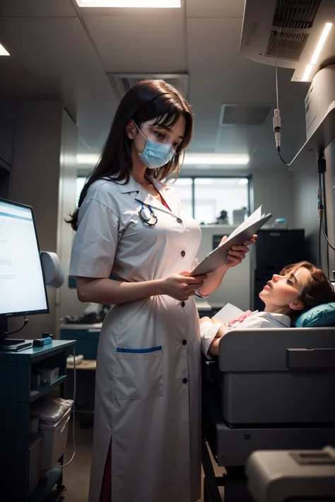 A doctor is standing next to the operating table,The doctor was accompanied by many nurses,They look very busy