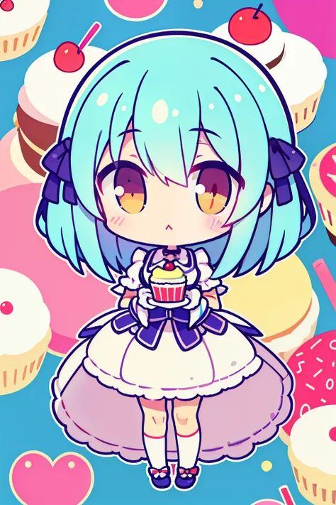 Cake Girl，IP image，Cyan white，Sweet，adolable，kawaii，Confectionery，Q version，Anime style，banya，Cupcakes，