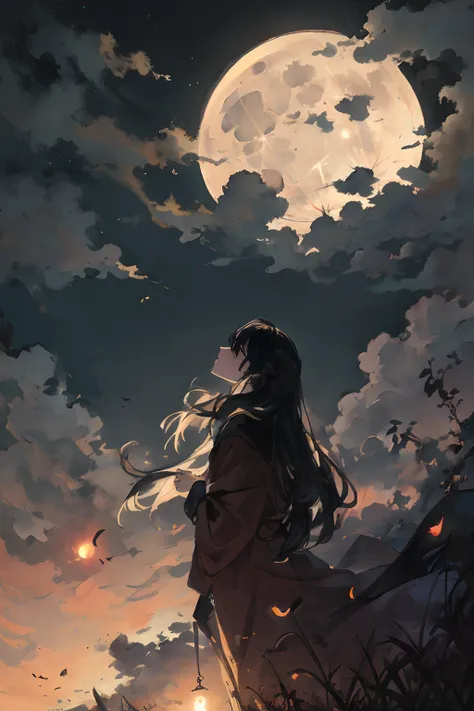 Masterpiece, best quality, night, hills, clouds, full moon, long hair, woman, silhouette, firefly.