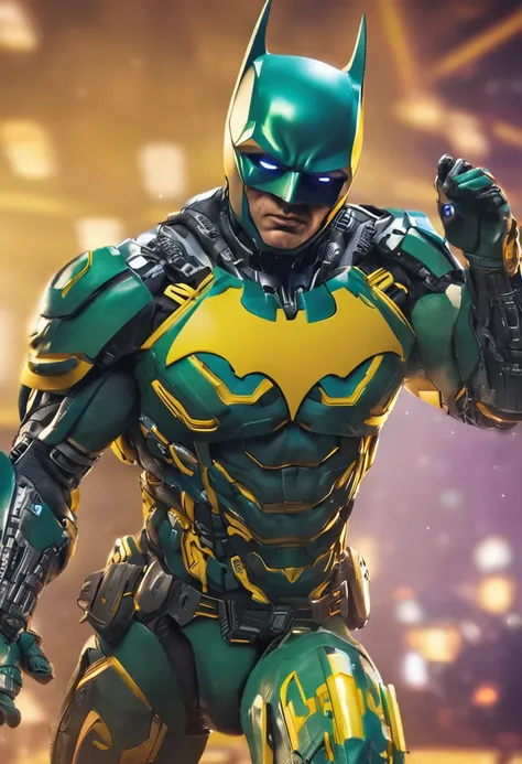 Um batman verde, amarelo e azul, brasileiro, realistic in a titanium cybernetic suit, detalhado, designe perfeito, alta qualidade arestas perfeitas e simetricas  ::n_desenho de estilo, Low-quality imperfection, boneco, jogo, anime