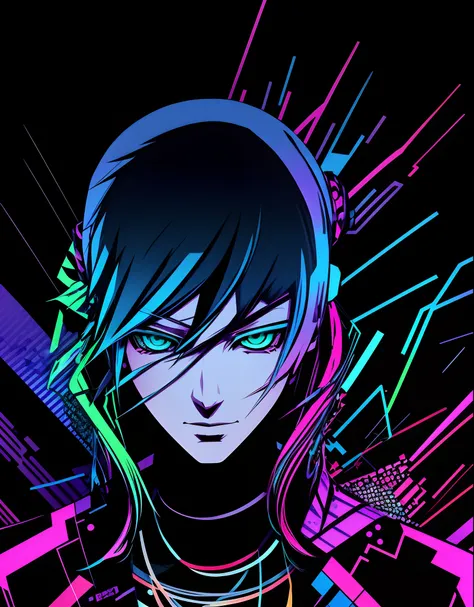 brightly colored drawing , male,glitchpunk, with glitch and scribble effects, noisy and glitched, [ digital art ]!!, digital art from danganronpa, glitchart, inspired by Yanagawa Nobusada, psychedelic manga, digital manga art, glitchpunk, digital art - n 5