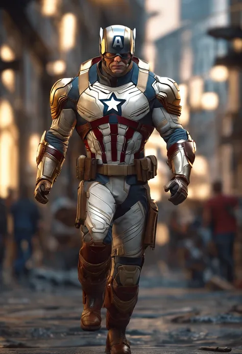 full body shot of captain america  in white and gold armour style suit, no mask on, white cape, looking at center camera, perfect composition, beautiful detailed intricate insanely detailed octane render trending on artstation, 8 k artistic photography, ph...