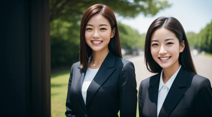 One Woman,(8k, RAW photo, best quality, masterpiece:1.2), Smiling woman in black jacket and white shirt standing outside, Woman in business suit, A Japanese Lady, young business woman, elegant japanese woman, Wearing a business suit, Confident々Smile at, Wo...