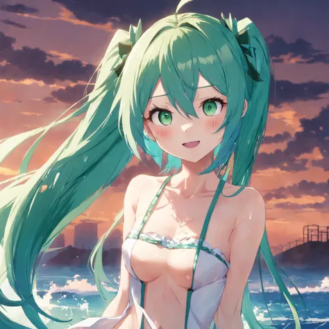 miku hatsune, tall stature, Little chest, Mid summer: Green eyes; Blue-green hair; Sharp facial features; straight nose; pronounced high cheekbones, ; full length, Max Detail, Masterpiece Quality, swimware、sea the background of: shores, High quality shadow...