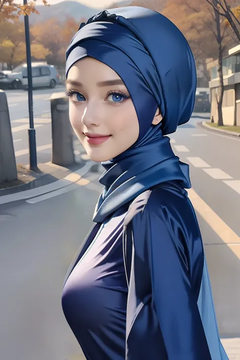 Masterpiece, realistic, best quality, best lighting, 1 girl photo,solo, beautifully makeup, eyeshadow, Parted Lips, Detailed purple Eyes, beautiful big eyes, long eye lashes, smile, wearing ((blue satin headscarf), loosely tide hijab style), ((navy blue sa...