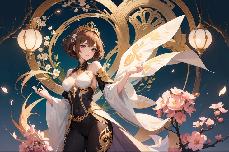 Official Art, Masterpiece European female face,elvish, short hair, chestnut brown hair , brown eyes , Flower Frame ,Decorative panel , jugendstil , (​masterpiece、top-quality、hight resolution: 1.4),in 8K,color splashes、line-drawing、Fibonacci、Drawing of a wo...