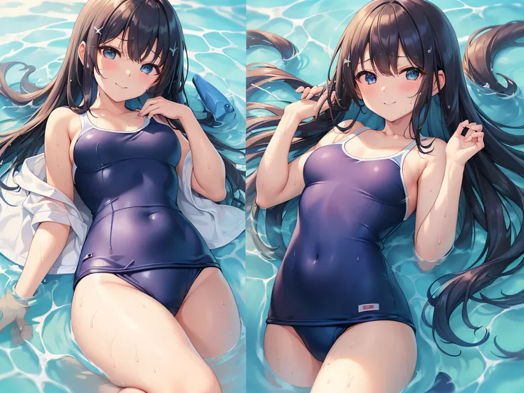 ​masterpiece、top-quality、Ultra-fine beauty、((((Simple Blue School Swimsuit))))、((((小柄、girl with)))、Side low tail hair、full bodyesbian、Wet、thins、hydrophobicity、Water repellent、Benevolent smile、 Cover under the chest、Small cleavage slightly visible、protrudin...