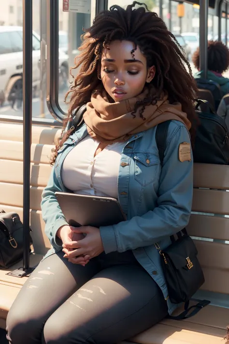 1 beautiful, adult woman, large body, brown hair, Afro hair, outlined eyelids, made-up eyelids, made-up face, jean jacket, scarf, black jeans, black bag, brown boots, sleeping sitting on the bus, mouth open, eyes closed.