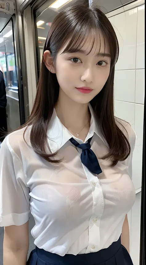 (8K、proffesional、top-quality、​masterpiece:1.2)、(Highest Details Skins:1.2)、(Supreme Detail Face:1.2)、Japan school uniform、japanese train、large full breasts、a miniskirt、Almost transparent shirt、Black bra