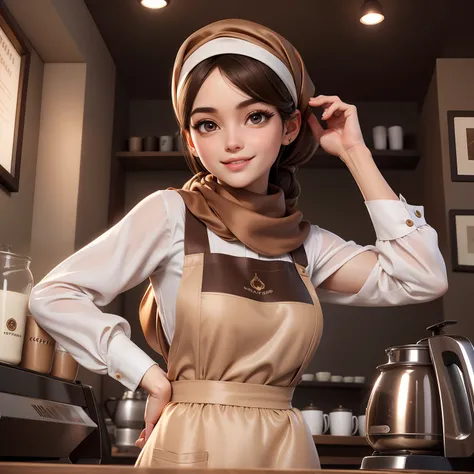 Masterpiece, realistic, best quality, best lighting, 1 girl photo solo, coffee shop, a girl work as barista,  Parted Lips, Detailed Eyes, beautiful big eyes, wearing (brown satin headscarf),  wear white satin longsleeves shirt, wear apron, making a coffee,...