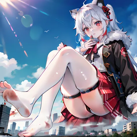 White messy hair, Red-eyed girl, Black premium coat, Barefoot （Bloodstained soles of the feet:1.8）, reference sheet, tachi-e, Wide-angle, kanon, Motion blur, Ray tracing, Award-Awarded, High details, Smooth skin, 4K, Anatomically correct, ccurate, retinas，...