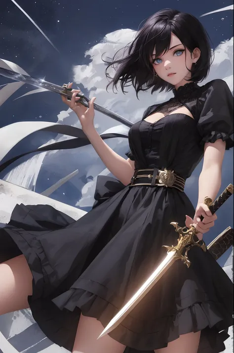 1 girl,short black hair,short black dress,blue eyes,sword,night background