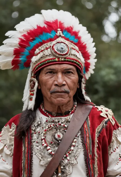 guerreio inca de 58 anos, holding a scepter in his hand, usa roupa de tecido branco e vermelho, with Inka indigenous feathers and details, hes in front of a mountain of ice