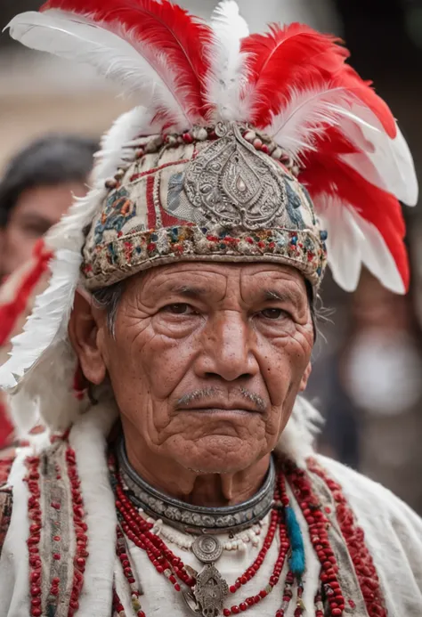 guerreio inca de 58 anos, holding a scepter in his hand, usa roupa de tecido branco e vermelho, with Inka indigenous feathers and details, hes in front of a mountain of ice