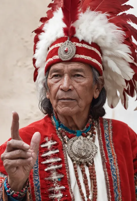 guerreio inca de 58 anos, holding a scepter in his hand, usa roupa de tecido branco e vermelho, with Inka indigenous feathers and details, hes in front of a mountain of ice