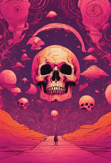 Empty space in shades of pink and orange，Theres a strange skull floating around, A floating dog, Uma espiral e muitas pedras douradas grandes flutuam