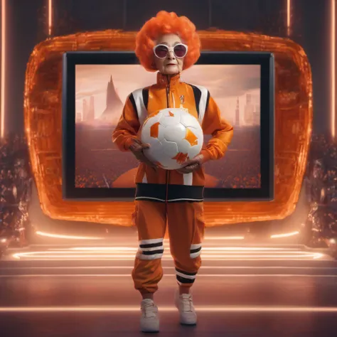 Iris Adfel type character in orange football costume, Big TV screen background, Full Shot, Symmetrical, Greg Rutkowski, charlie bowater, beeple, Unreal 5, Hyper realistic, Dynamic lighting.