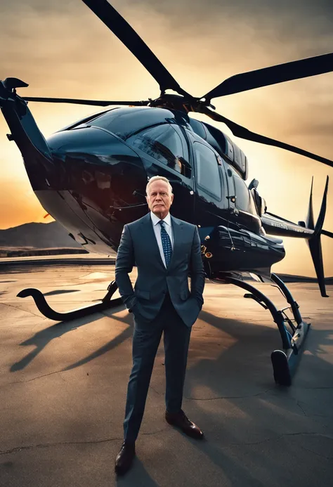 Billionaire in suit in front of his $10 million helicopter