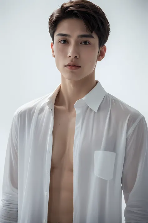 ( (8K:1.27), 4K，best qualtiy, tmasterpiece, 超高分辨率:1.2) Chinese man photo, young  male，Perfect face，perfect bodies，white  shirt，clothes see-through，Expose abs，realskin，super detailing