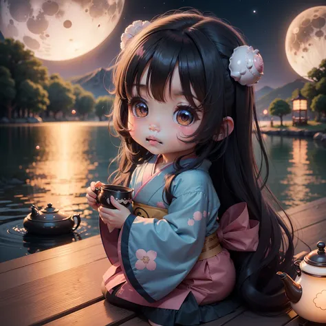 Cute baby infant chibi anime, drink tea, dark brown skinned, moon, 4k, wear blue and pink kimono, long black hair, tan complexion, one moon, teapot, lay by lake