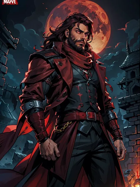 dark night blood moon background, darkest dungeon style, sadurang from marvel, hunk, wild mane, defined face, detailed eyes, sho...