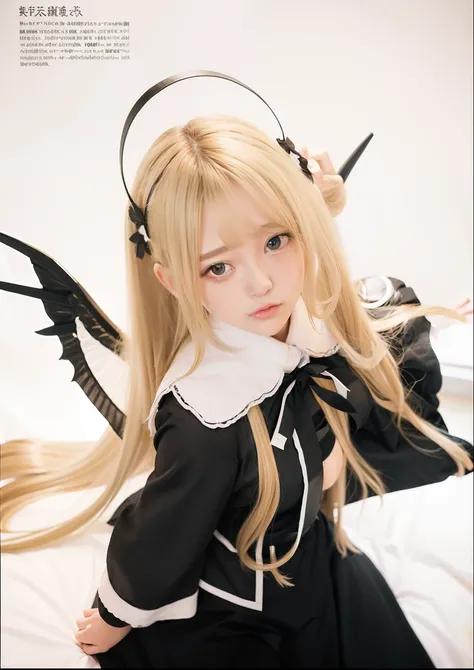 1girl,blonde long hair,black dress,White collar with blue ribbon,medium tits and Devil wings on back, Japanese girl