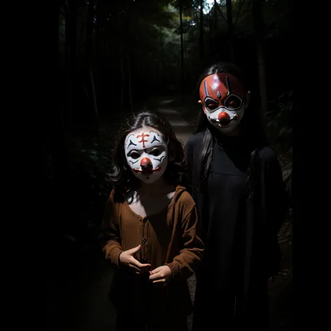 (extremadamente detallado, obra maestra, La mejor calidad, foto antigua, principios de siglo) dark kids with clown masks, una linterna directa lo ilumina, bosque de noche. plano cercano. sangre por el suelo.