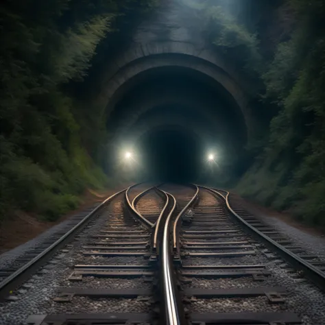 Train tracks coming out of a tunnel, luz forte na saida, scary fotorrealista, cena cinematografica, luzes brilhantes, 8k