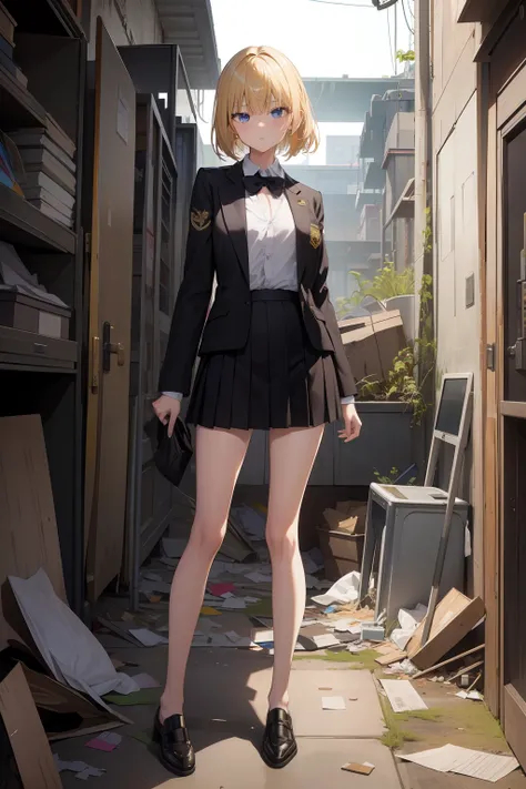 top-quality、​masterpiece、Grapffiti、Closed，[[Inside a destroyed classroom]]Garbage all over the ground，Unclean，Sexy Standing Pose，Very beautiful slim legs，a blond、校服、blazers、exhibitionists，