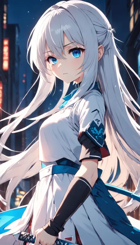 anime girl with long white hair and blue eyes holding a sword, style of anime4 K, Anime art wallpaper 8 K, Anime art wallpaper 4 K, Anime art wallpaper 4k, Best anime 4k konachan wallpaper, Anime wallpaper 4K, Anime wallpaper 4 k, 4K anime wallpaper, white...