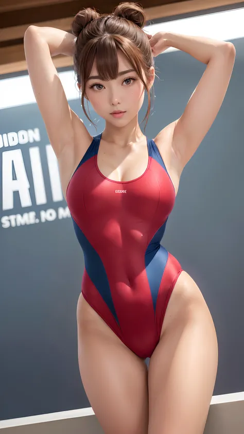 in 8K、超A high resolution、Best Quality、masutepiece(huge-breasted:1.2)Hide all breasts and belly、(Red and navy blue lines、Pretty High Leg T-Back Swim Racing Suit、highleg:1.5)、(Crotch indirect、Stand with your crotch wide apart、stand up、Standing、Gani crotch:1....