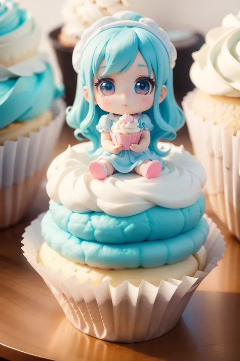 Cake Girl，IP image design，Bluish white，Sweet，adolable，kawaii，Confectionery，Q version，Anime style，banya，Cupcakes，Warm and friendly