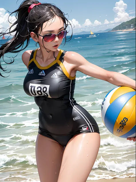 (8K, Raw photo, Best Quality, masutepiece:1.2), (Realistic, Photorealsitic:1.37),1 girl,Cute, (Solo),A detailed face, Dramatic Angle,
,beach volleyball uniform,Look away,Sporty,Shoot the ball,Wet skin,Sweat,Large breasts,Nice　Legs,Beach volleyball field ,