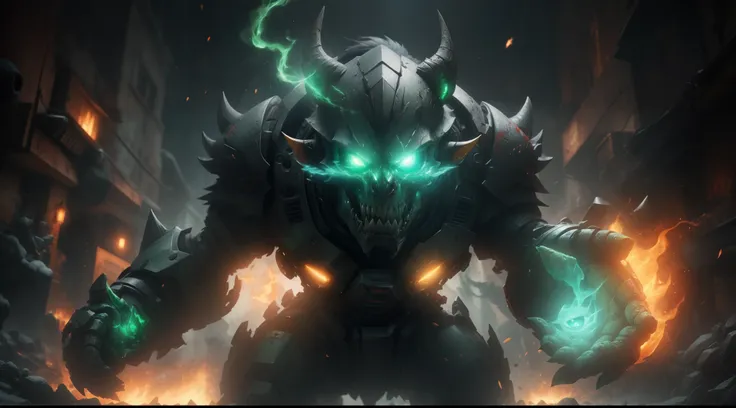 (ultra realistic,epic movie scenes), the ice bear dark magicion gnome goblin skull, full body, with glowing green fire aura cyborg implanted left eye, black implanted cyborg left hand, gamping mouth full of fangs, gotic feel, with warzone of the darkness b...