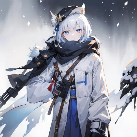 1 tall male，with short white hair，Blue pupils，ssmile，Tattered down jacket，obi strip，Look up at the perspective，A snowy day in the wilderness，snowfield，Gloomy sky，high qulity，full bodyesbian，With an old-fashioned rifle，Wear an old hat，Vicissitudes，Gloomy pi...