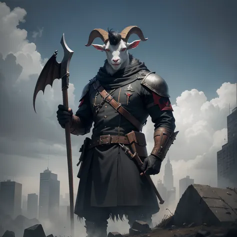 Goat-faced demon ，Wear military uniforms，Pick up the axe，red - eyed，unholy，Fierce，rampage ，Stand at the highest part of the city，Observe the city，Epic dark fantasy digital art，tmasterpiece，high qulity，8K，UHD resolution，Detailed detail drawing，realisticlyin...