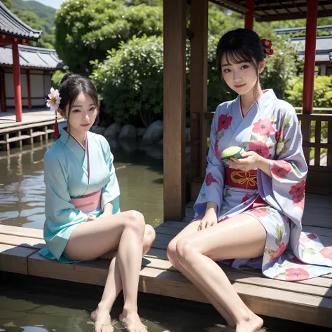 (in 8K、RAW Photos、top-quality、​masterpiece:1.2)、(realisitic、Photorealsitic:1.37)、ultra-detailliert、超A high resolution、(((Sitting on the porch、Beautiful Japan woman playing comfortably with her feet on the water of the creek)))、A smile、woman wearing the kim...