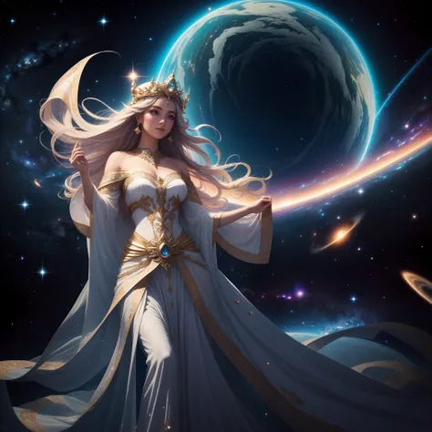 In the midst of space, a goddess is sailing the universe in all its splendor. With her energy she illuminates her path, her beauty makes everything around her even brighter. Stars, galaxies and all the beauty of the universe is around her. She wears beauti...