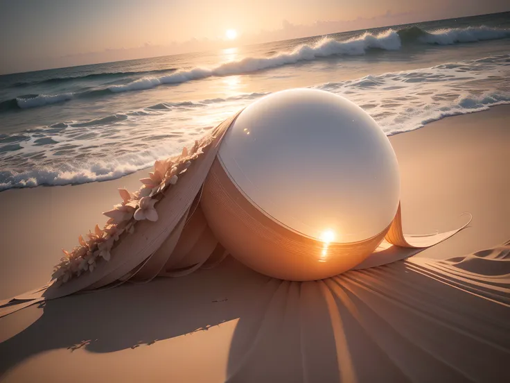 Por gentileza, Create a realistic image of a planet suspended in the twilight sky of a serene beach. O planeta deve ser detalhado, displaying rich patterns of realistic textures on its surface. Its soft, natural light should illuminate the surrounding land...