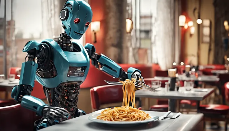 a robot serving pasta in a restaurant