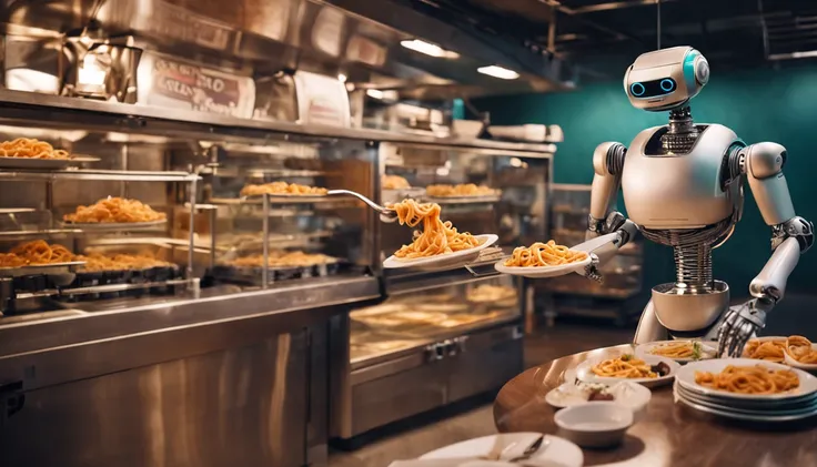 a robot serving pasta in a restaurant