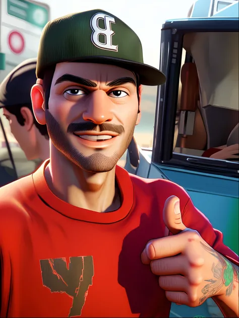 Man in red shirt and green hat giving a thumbs up, Vinny Vinny Molho, Personagem de close up, Vinny de Vinhinha, Closeup da arte do personagem, Personagem close up, estilo de arte fotorrealista, closeup retrato de personagem, Jacksepticeye, close-up do per...